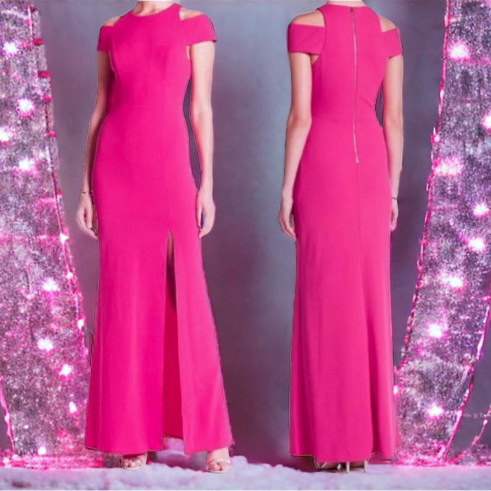 $320 ABS Allen Schwartz Shoulder Cut Out Gown Medium Pink Formal Deep Front Slit